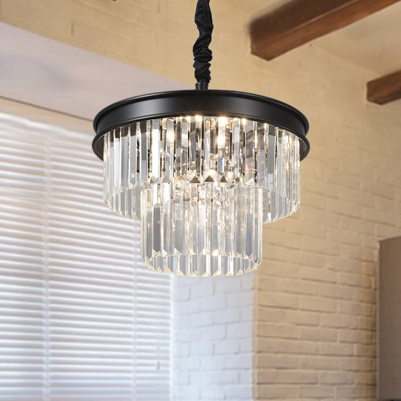 Clear Crystal Glass Tiered Ceiling Light Postmodern 9/12 Lights Black Chandelier Light, 16"/23" Wide Clearhalo 'Ceiling Lights' 'Chandeliers' 'Modern Chandeliers' 'Modern' Lighting' 221779