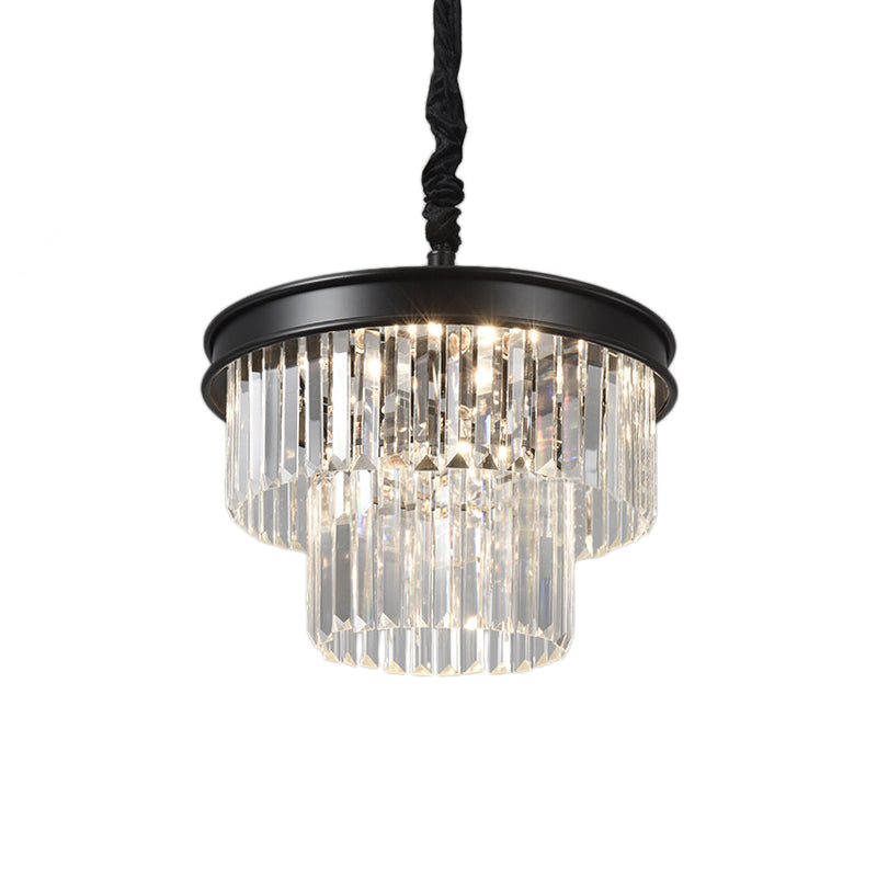 Clear Crystal Glass Tiered Ceiling Light Postmodern 9/12 Lights Black Chandelier Light, 16"/23" Wide Clearhalo 'Ceiling Lights' 'Chandeliers' 'Modern Chandeliers' 'Modern' Lighting' 221781