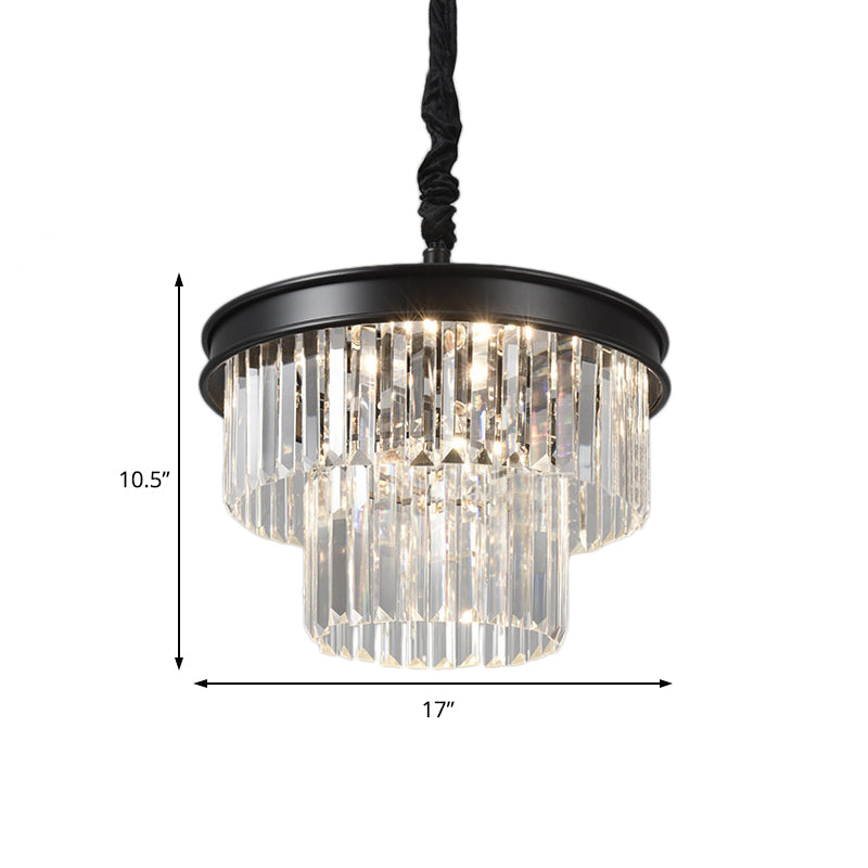 Clear Crystal Glass Tiered Ceiling Light Postmodern 9/12 Lights Black Chandelier Light, 16"/23" Wide Clearhalo 'Ceiling Lights' 'Chandeliers' 'Modern Chandeliers' 'Modern' Lighting' 221782