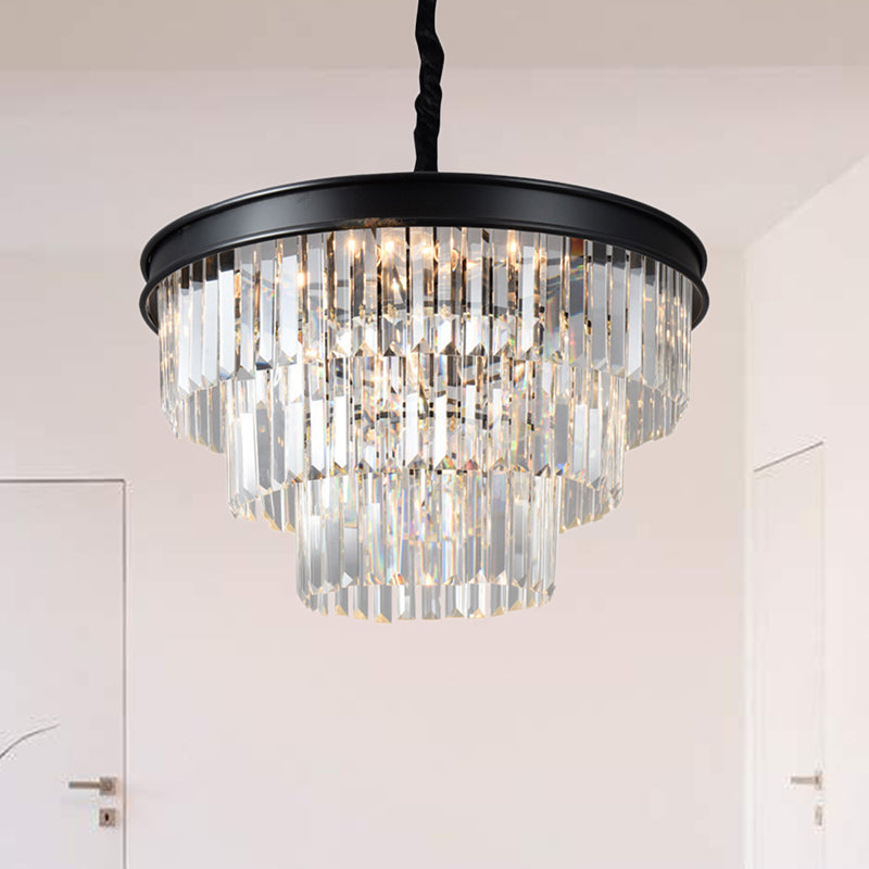 Clear Crystal Glass Tiered Ceiling Light Postmodern 9/12 Lights Black Chandelier Light, 16"/23" Wide Clearhalo 'Ceiling Lights' 'Chandeliers' 'Modern Chandeliers' 'Modern' Lighting' 221783