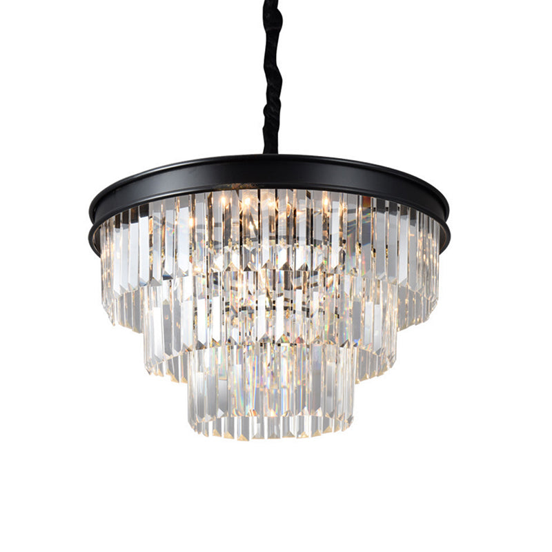 Clear Crystal Glass Tiered Ceiling Light Postmodern 9/12 Lights Black Chandelier Light, 16"/23" Wide Clearhalo 'Ceiling Lights' 'Chandeliers' 'Modern Chandeliers' 'Modern' Lighting' 221785