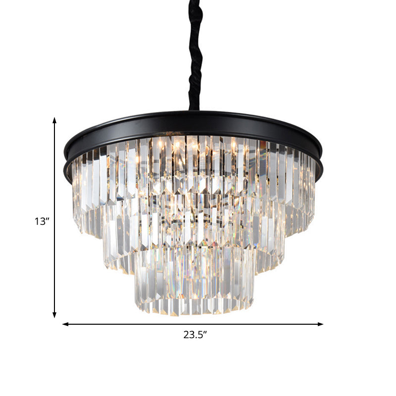 Clear Crystal Glass Tiered Ceiling Light Postmodern 9/12 Lights Black Chandelier Light, 16"/23" Wide Clearhalo 'Ceiling Lights' 'Chandeliers' 'Modern Chandeliers' 'Modern' Lighting' 221786