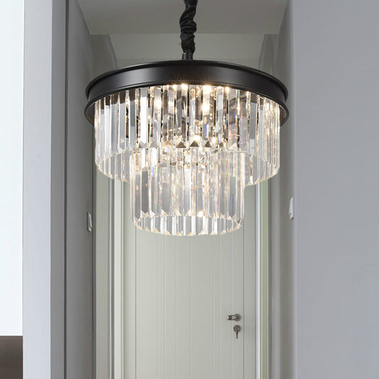 Clear Crystal Glass Tiered Ceiling Light Postmodern 9/12 Lights Black Chandelier Light, 16"/23" Wide Black Clearhalo 'Ceiling Lights' 'Chandeliers' 'Modern Chandeliers' 'Modern' Lighting' 221787