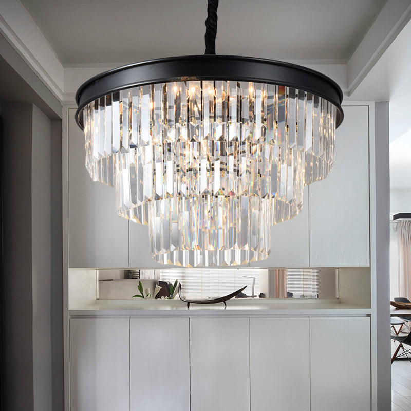 Clear Crystal Glass Tiered Ceiling Light Postmodern 9/12 Lights Black Chandelier Light, 16"/23" Wide Clearhalo 'Ceiling Lights' 'Chandeliers' 'Modern Chandeliers' 'Modern' Lighting' 221788