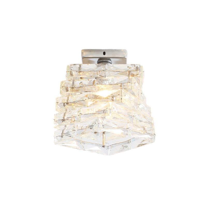 Chrome Step Shape Semi Flush Light Contemporary 1 Light Crystal Ceiling Light Fixture Clearhalo 'Ceiling Lights' 'Close To Ceiling Lights' 'Close to ceiling' 'Semi-flushmount' Lighting' 221802