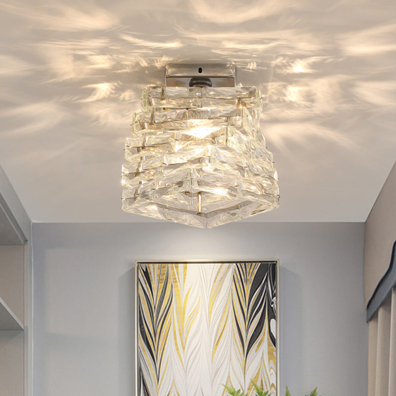 Chrome Step Shape Semi Flush Light Contemporary 1 Light Crystal Ceiling Light Fixture Clearhalo 'Ceiling Lights' 'Close To Ceiling Lights' 'Close to ceiling' 'Semi-flushmount' Lighting' 221806