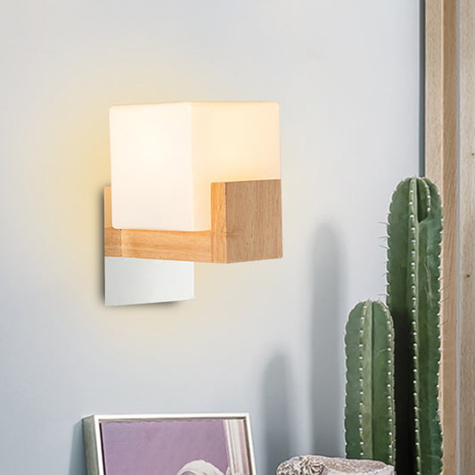 Cube Bedside Wall Sconce Lamp White Glass Single Modern Style Wall Lighting Fixture with Wooden Backplate White Clearhalo 'Modern wall lights' 'Modern' 'Wall Lamps & Sconces' 'Wall Lights' Lighting' 2218100