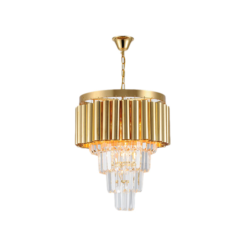 Postmodern Conical Chandelier Light Crystal and Metal 5/8/10 Lights Living Room Ceiling Light in Gold, 16"/19.5"/23.5" Wide Clearhalo 'Ceiling Lights' 'Chandeliers' 'Modern Chandeliers' 'Modern' Lighting' 221814