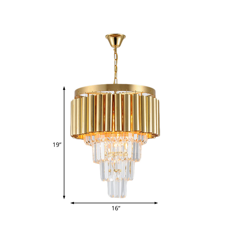 Postmodern Conical Chandelier Light Crystal and Metal 5/8/10 Lights Living Room Ceiling Light in Gold, 16"/19.5"/23.5" Wide Clearhalo 'Ceiling Lights' 'Chandeliers' 'Modern Chandeliers' 'Modern' Lighting' 221815