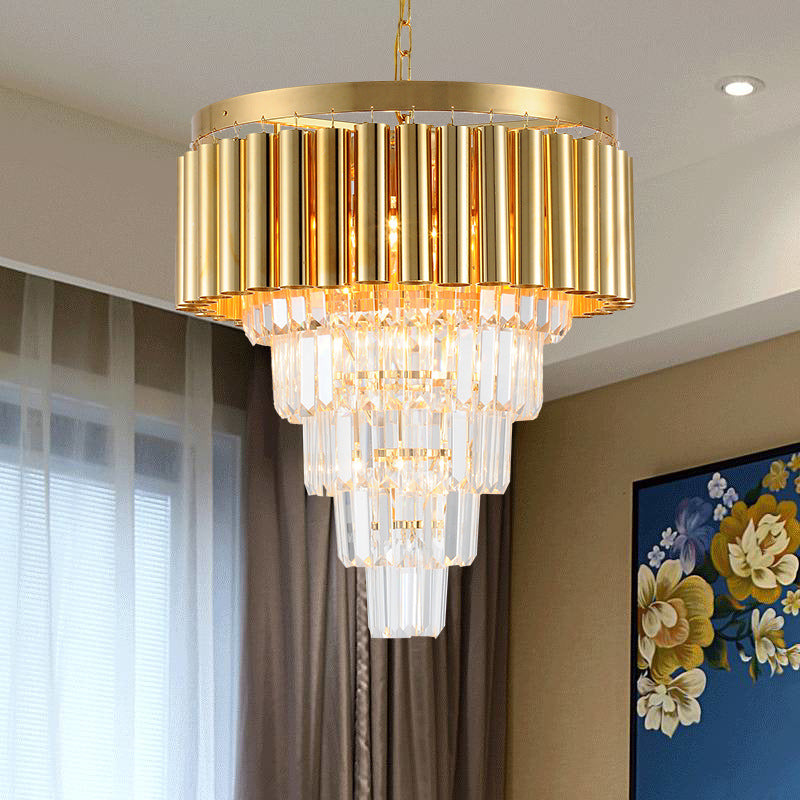 Postmodern Conical Chandelier Light Crystal and Metal 5/8/10 Lights Living Room Ceiling Light in Gold, 16"/19.5"/23.5" Wide Gold 19.5" Clearhalo 'Ceiling Lights' 'Chandeliers' 'Modern Chandeliers' 'Modern' Lighting' 221816