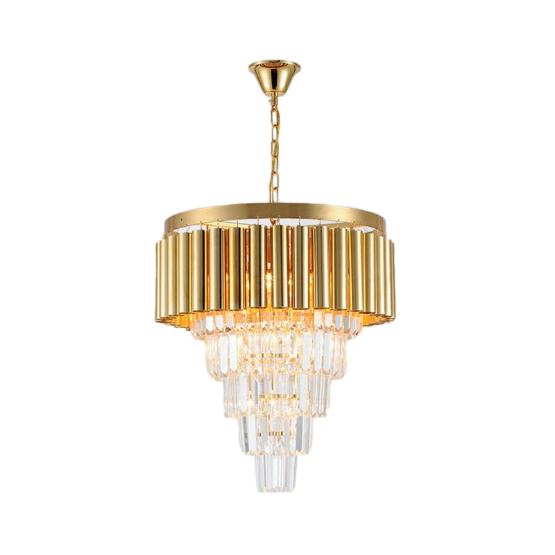 Postmodern Conical Chandelier Light Crystal and Metal 5/8/10 Lights Living Room Ceiling Light in Gold, 16"/19.5"/23.5" Wide Clearhalo 'Ceiling Lights' 'Chandeliers' 'Modern Chandeliers' 'Modern' Lighting' 221818