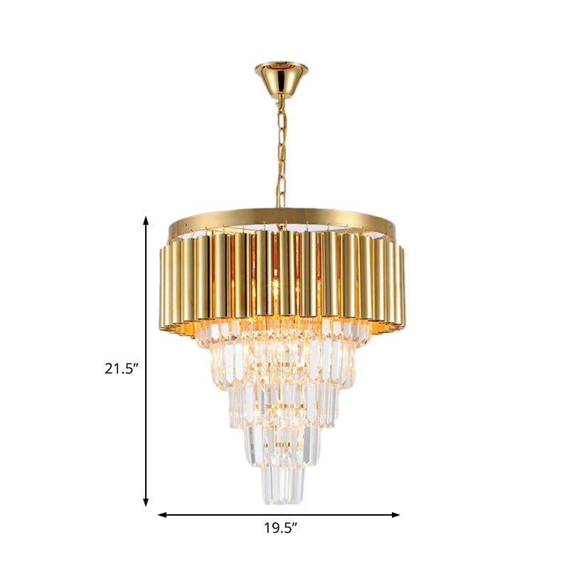 Postmodern Conical Chandelier Light Crystal and Metal 5/8/10 Lights Living Room Ceiling Light in Gold, 16"/19.5"/23.5" Wide Clearhalo 'Ceiling Lights' 'Chandeliers' 'Modern Chandeliers' 'Modern' Lighting' 221819