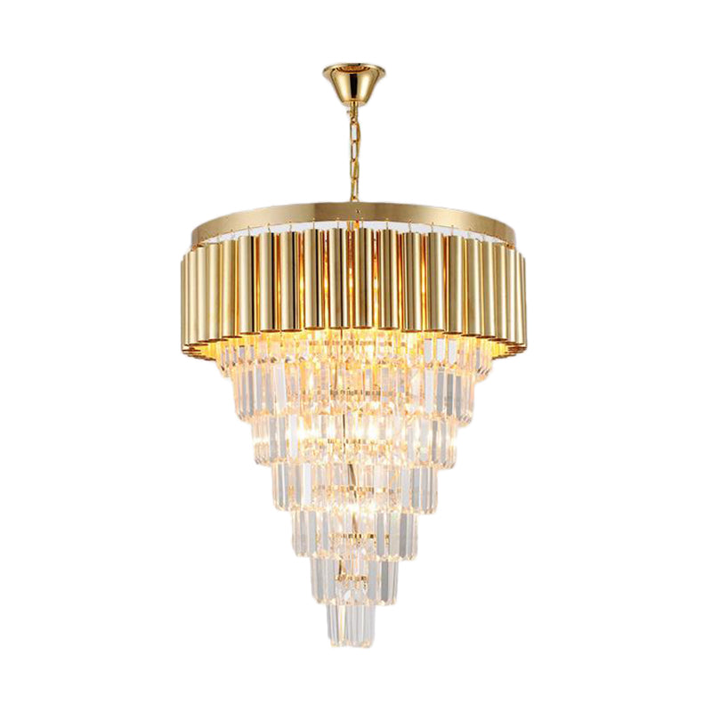 Postmodern Conical Chandelier Light Crystal and Metal 5/8/10 Lights Living Room Ceiling Light in Gold, 16"/19.5"/23.5" Wide Clearhalo 'Ceiling Lights' 'Chandeliers' 'Modern Chandeliers' 'Modern' Lighting' 221821