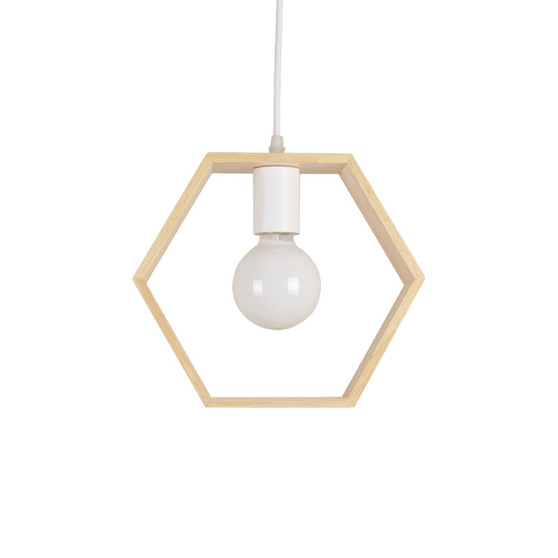 Contemporary Geometric Frame Pendant Light Wood Single-Bulb Suspension Light Fixture Wood Hexagon Clearhalo 'Ceiling Lights' 'Modern Pendants' 'Modern' 'Pendant Lights' 'Pendants' Lighting' 2218214