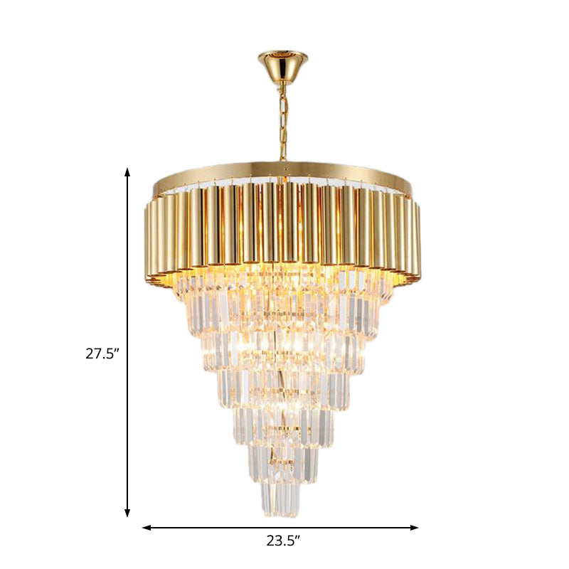 Postmodern Conical Chandelier Light Crystal and Metal 5/8/10 Lights Living Room Ceiling Light in Gold, 16"/19.5"/23.5" Wide Clearhalo 'Ceiling Lights' 'Chandeliers' 'Modern Chandeliers' 'Modern' Lighting' 221822