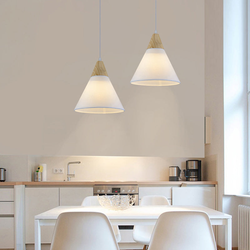 Tapered Suspension Light Simplicity Fabric 1-Light Dining Room Pendant Light Fixture with Wooden Top in White White Clearhalo 'Ceiling Lights' 'Glass shade' 'Glass' 'Modern Pendants' 'Modern' 'Pendant Lights' 'Pendants' Lighting' 2218222