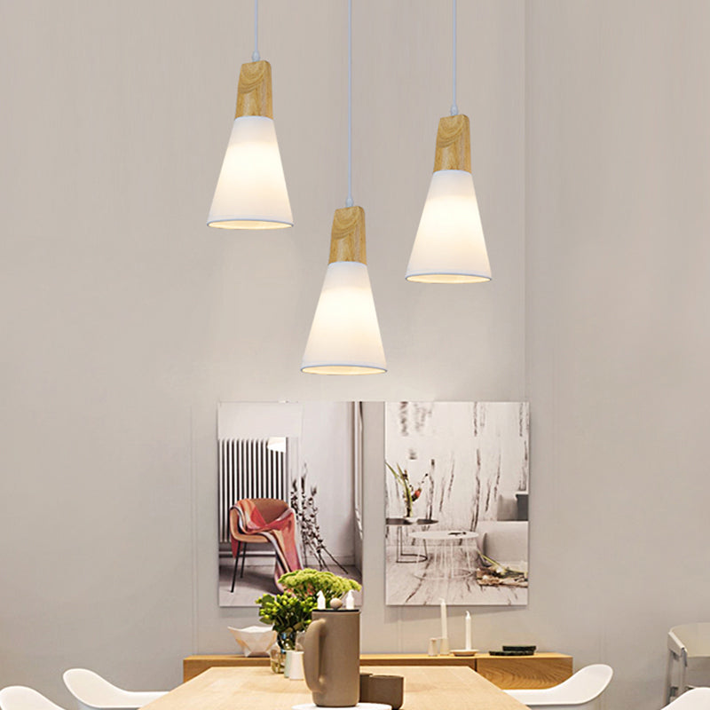 Tapered Suspension Light Simplicity Fabric 1-Light Dining Room Pendant Light Fixture with Wooden Top in White Clearhalo 'Ceiling Lights' 'Glass shade' 'Glass' 'Modern Pendants' 'Modern' 'Pendant Lights' 'Pendants' Lighting' 2218224