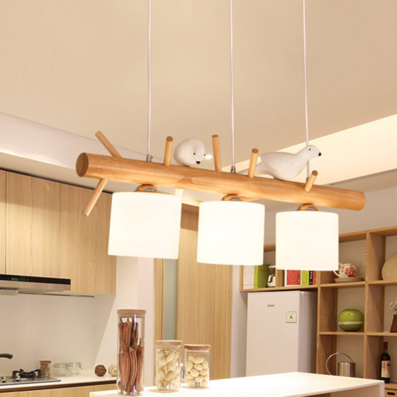 Contemporary Branch Island Pendant Light Wood Dining Room LED Ceiling Light with Cylindrical Cream Glass Shade 3 Wood Clearhalo 'Ceiling Lights' 'Island Lights' Lighting' 2218239