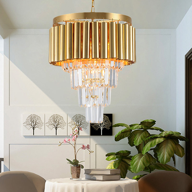 Postmodern Conical Chandelier Light Crystal and Metal 5/8/10 Lights Living Room Ceiling Light in Gold, 16"/19.5"/23.5" Wide Gold 16" Clearhalo 'Ceiling Lights' 'Chandeliers' 'Modern Chandeliers' 'Modern' Lighting' 221824