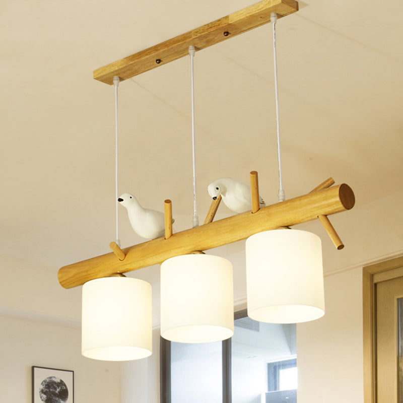 Contemporary Branch Island Pendant Light Wood Dining Room LED Ceiling Light with Cylindrical Cream Glass Shade Clearhalo 'Ceiling Lights' 'Island Lights' Lighting' 2218240