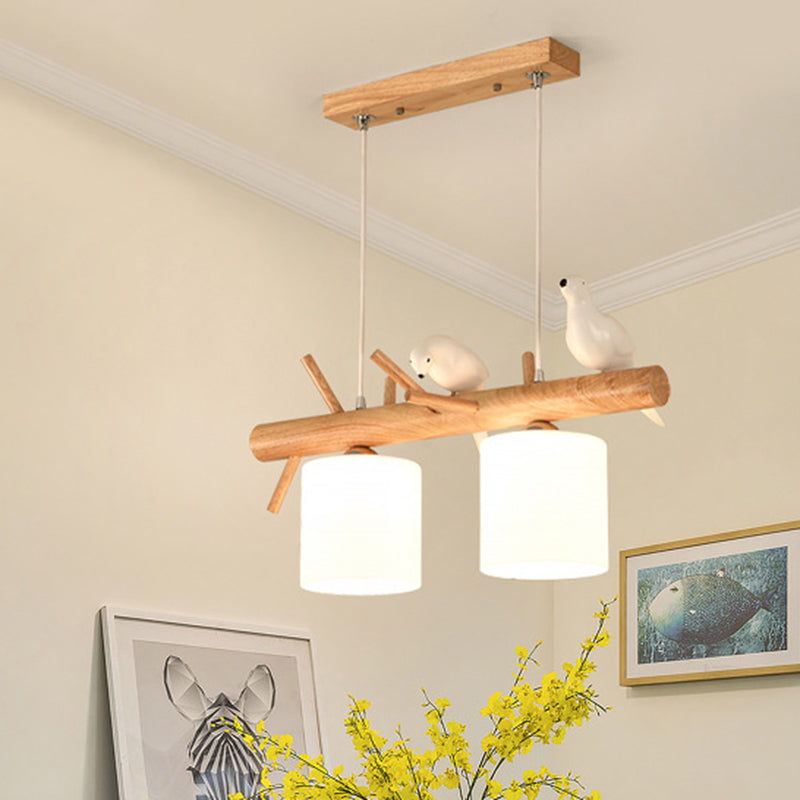 Contemporary Branch Island Pendant Light Wood Dining Room LED Ceiling Light with Cylindrical Cream Glass Shade 2 Wood Clearhalo 'Ceiling Lights' 'Island Lights' Lighting' 2218242