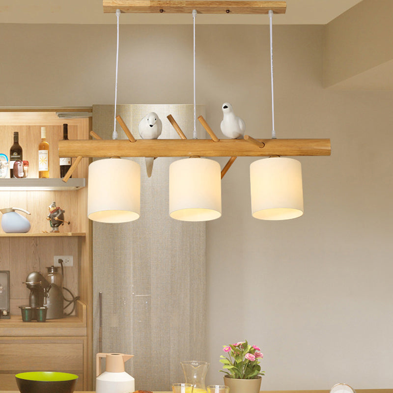 Contemporary Branch Island Pendant Light Wood Dining Room LED Ceiling Light with Cylindrical Cream Glass Shade Clearhalo 'Ceiling Lights' 'Island Lights' Lighting' 2218243