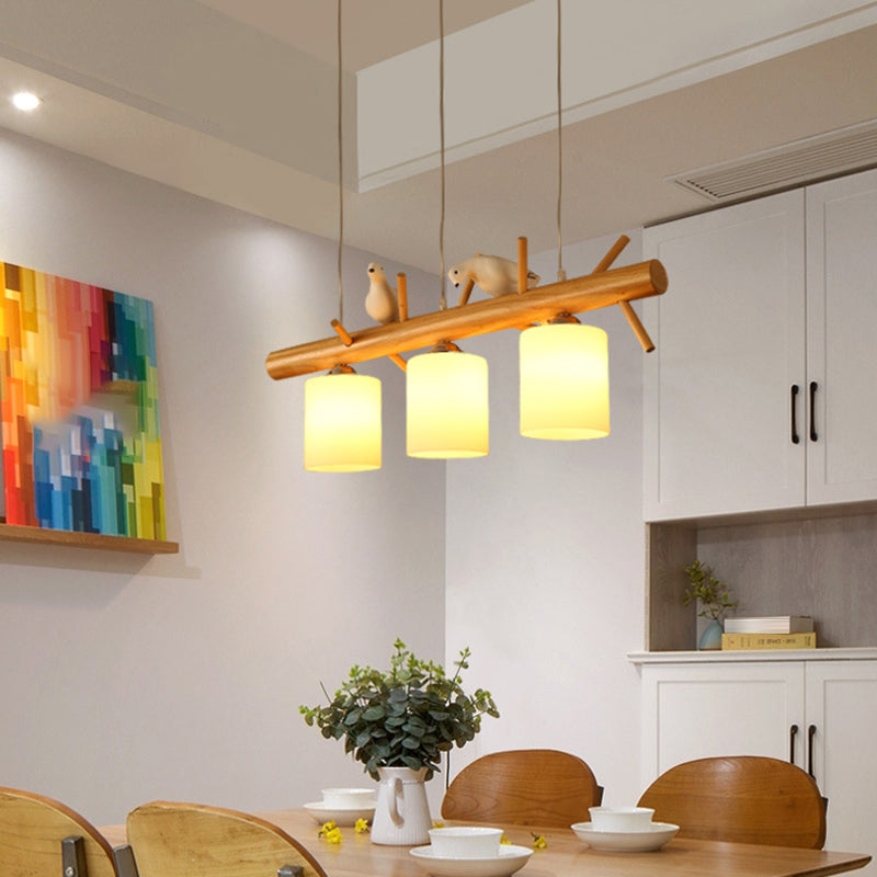 Contemporary Branch Island Pendant Light Wood Dining Room LED Ceiling Light with Cylindrical Cream Glass Shade Clearhalo 'Ceiling Lights' 'Island Lights' Lighting' 2218244