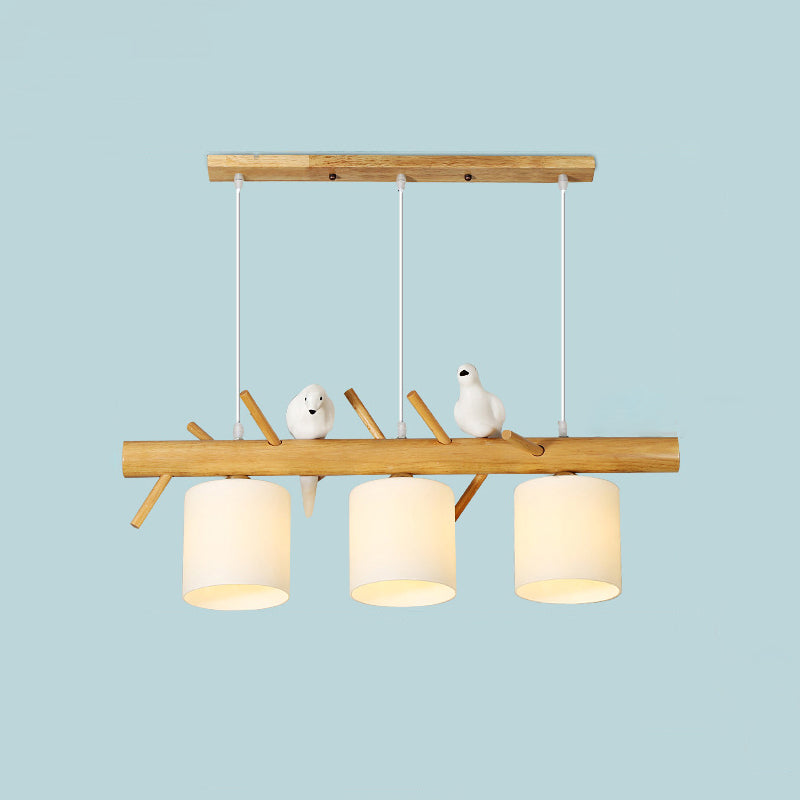 Contemporary Branch Island Pendant Light Wood Dining Room LED Ceiling Light with Cylindrical Cream Glass Shade Clearhalo 'Ceiling Lights' 'Island Lights' Lighting' 2218246