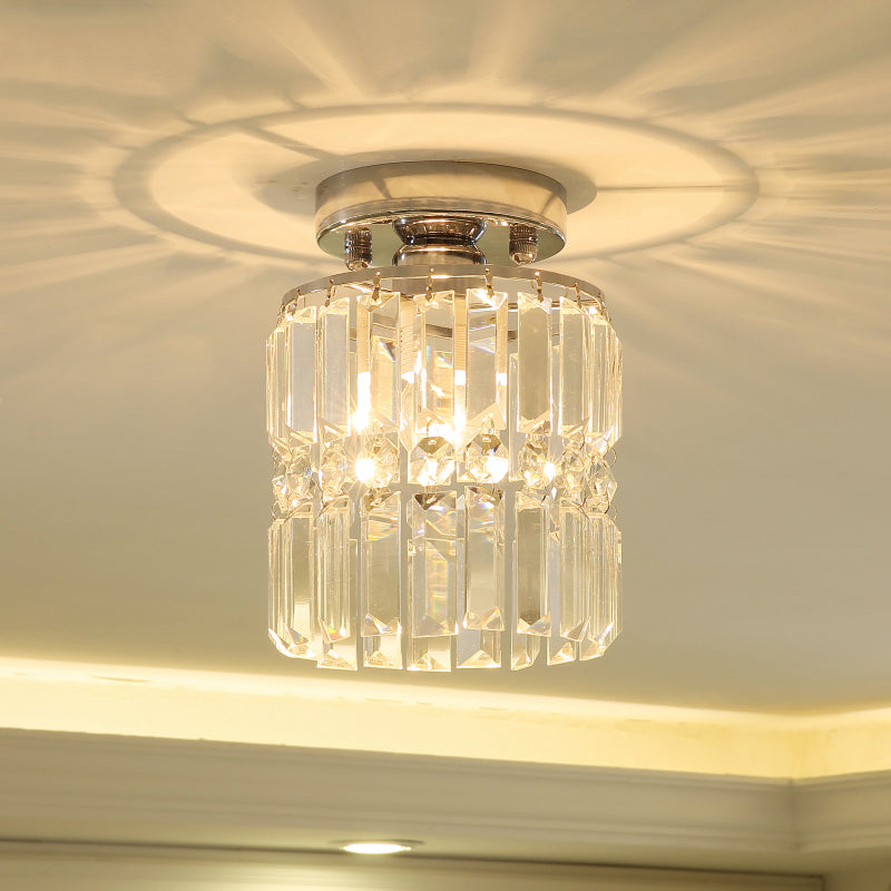 Cylinder Crystal Block Flush Mount Light Modern 1 Light Chrome Ceiling Light for Hallway Chrome Clearhalo 'Ceiling Lights' 'Close To Ceiling Lights' 'Close to ceiling' 'Semi-flushmount' Lighting' 221833