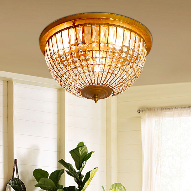 3 Lights Hallway Flush Mount Light with Dome Crystal and Metal Shade Postmodern Brass Ceiling Mount, 14"/18" Wide Clearhalo 'Ceiling Lights' 'Close To Ceiling Lights' 'Close to ceiling' 'Flush mount' Lighting' 221840