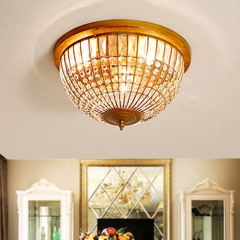 3 Lights Hallway Flush Mount Light with Dome Crystal and Metal Shade Postmodern Brass Ceiling Mount, 14"/18" Wide Clearhalo 'Ceiling Lights' 'Close To Ceiling Lights' 'Close to ceiling' 'Flush mount' Lighting' 221842