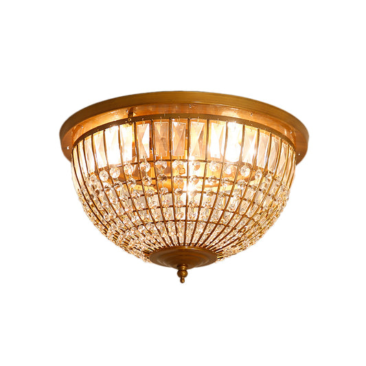 3 Lights Hallway Flush Mount Light with Dome Crystal and Metal Shade Postmodern Brass Ceiling Mount, 14"/18" Wide Clearhalo 'Ceiling Lights' 'Close To Ceiling Lights' 'Close to ceiling' 'Flush mount' Lighting' 221844