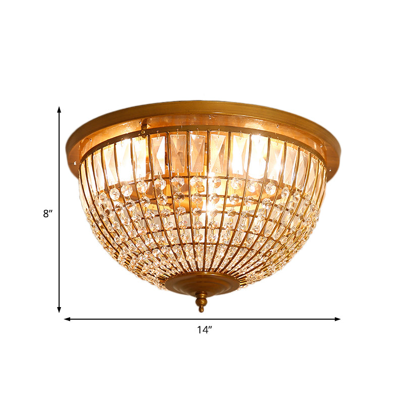 3 Lights Hallway Flush Mount Light with Dome Crystal and Metal Shade Postmodern Brass Ceiling Mount, 14"/18" Wide Clearhalo 'Ceiling Lights' 'Close To Ceiling Lights' 'Close to ceiling' 'Flush mount' Lighting' 221845