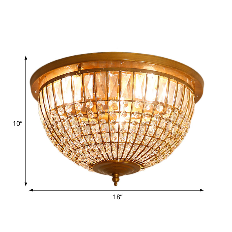 3 Lights Hallway Flush Mount Light with Dome Crystal and Metal Shade Postmodern Brass Ceiling Mount, 14"/18" Wide Clearhalo 'Ceiling Lights' 'Close To Ceiling Lights' 'Close to ceiling' 'Flush mount' Lighting' 221846