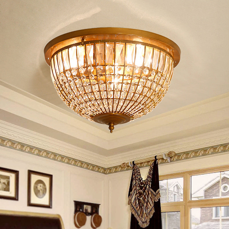 3 Lights Hallway Flush Mount Light with Dome Crystal and Metal Shade Postmodern Brass Ceiling Mount, 14"/18" Wide Brass Clearhalo 'Ceiling Lights' 'Close To Ceiling Lights' 'Close to ceiling' 'Flush mount' Lighting' 221849