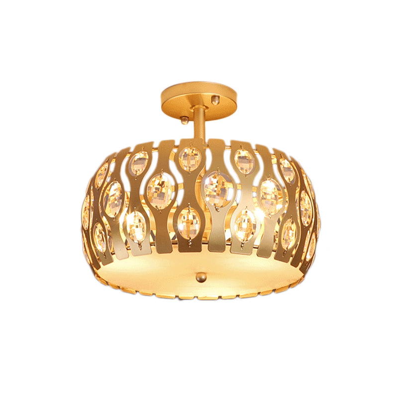 Drum Semi Flush Mount Light Modern Metal and Crystal 3 Lights Gold Ceiling Flush Mount Light Clearhalo 'Ceiling Lights' 'Close To Ceiling Lights' 'Close to ceiling' 'Semi-flushmount' Lighting' 221857