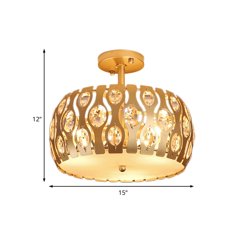 Drum Semi Flush Mount Light Modern Metal and Crystal 3 Lights Gold Ceiling Flush Mount Light Clearhalo 'Ceiling Lights' 'Close To Ceiling Lights' 'Close to ceiling' 'Semi-flushmount' Lighting' 221858