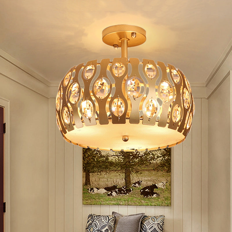 Drum Semi Flush Mount Light Modern Metal and Crystal 3 Lights Gold Ceiling Flush Mount Light Gold Clearhalo 'Ceiling Lights' 'Close To Ceiling Lights' 'Close to ceiling' 'Semi-flushmount' Lighting' 221860