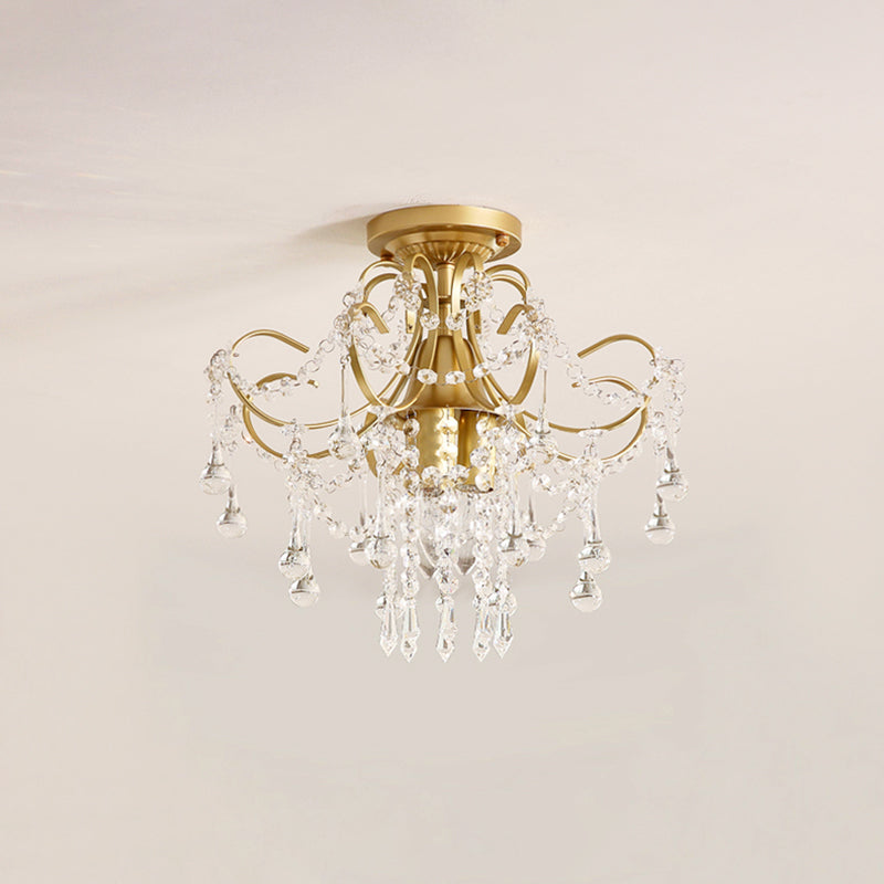 Curve Arm Ceiling Light Modern Metal 1/3 Lights Brass Semi Flush Mount Light with Crystal Strand Accent Clearhalo 'Ceiling Lights' 'Close To Ceiling Lights' 'Close to ceiling' 'Semi-flushmount' Lighting' 221863