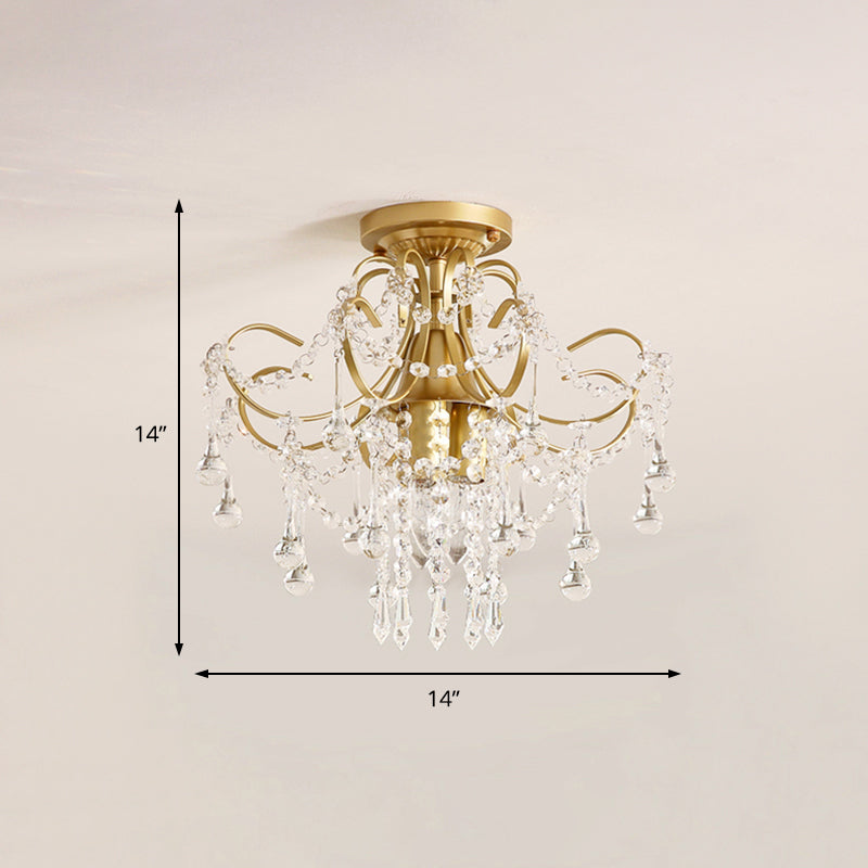 Curve Arm Ceiling Light Modern Metal 1/3 Lights Brass Semi Flush Mount Light with Crystal Strand Accent Clearhalo 'Ceiling Lights' 'Close To Ceiling Lights' 'Close to ceiling' 'Semi-flushmount' Lighting' 221864