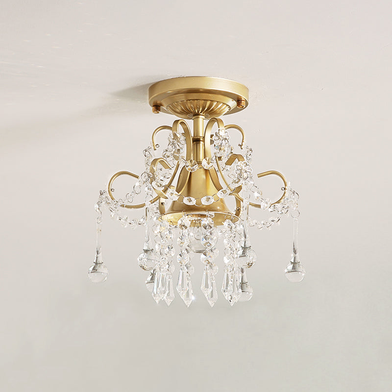 Curve Arm Ceiling Light Modern Metal 1/3 Lights Brass Semi Flush Mount Light with Crystal Strand Accent Clearhalo 'Ceiling Lights' 'Close To Ceiling Lights' 'Close to ceiling' 'Semi-flushmount' Lighting' 221866