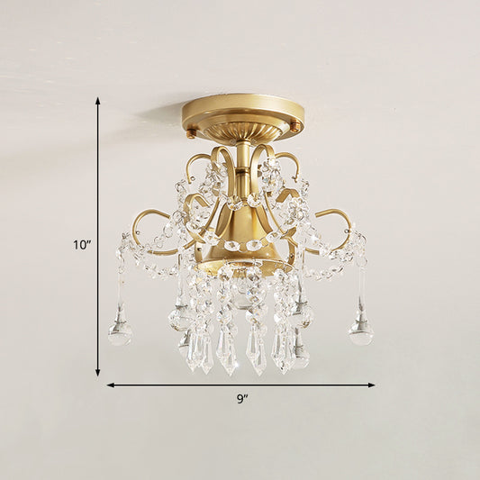 Curve Arm Ceiling Light Modern Metal 1/3 Lights Brass Semi Flush Mount Light with Crystal Strand Accent Clearhalo 'Ceiling Lights' 'Close To Ceiling Lights' 'Close to ceiling' 'Semi-flushmount' Lighting' 221867