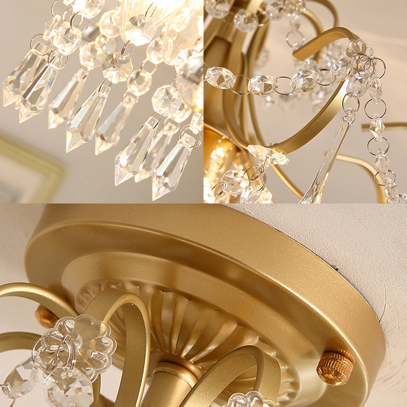 Curve Arm Ceiling Light Modern Metal 1/3 Lights Brass Semi Flush Mount Light with Crystal Strand Accent Clearhalo 'Ceiling Lights' 'Close To Ceiling Lights' 'Close to ceiling' 'Semi-flushmount' Lighting' 221868