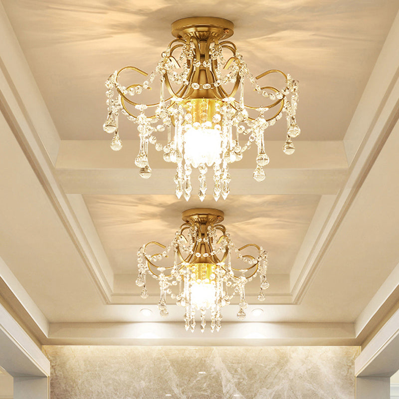 Curve Arm Ceiling Light Modern Metal 1/3 Lights Brass Semi Flush Mount Light with Crystal Strand Accent Clearhalo 'Ceiling Lights' 'Close To Ceiling Lights' 'Close to ceiling' 'Semi-flushmount' Lighting' 221870