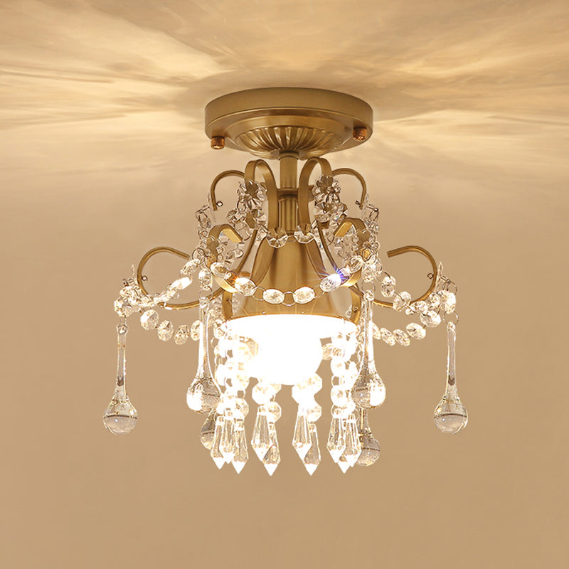 Curve Arm Ceiling Light Modern Metal 1/3 Lights Brass Semi Flush Mount Light with Crystal Strand Accent Clearhalo 'Ceiling Lights' 'Close To Ceiling Lights' 'Close to ceiling' 'Semi-flushmount' Lighting' 221871