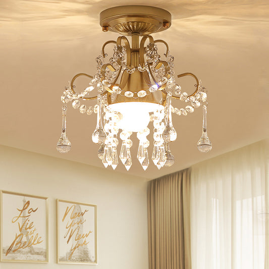 Curve Arm Ceiling Light Modern Metal 1/3 Lights Brass Semi Flush Mount Light with Crystal Strand Accent Clearhalo 'Ceiling Lights' 'Close To Ceiling Lights' 'Close to ceiling' 'Semi-flushmount' Lighting' 221872