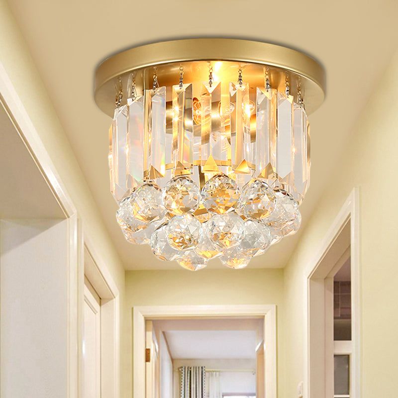 Postmodern Drum Ceiling Light Metal 2 Lights Corridor Flush Mount Light with Crystal Shade Brass Clearhalo 'Ceiling Lights' 'Close To Ceiling Lights' 'Close to ceiling' 'Semi-flushmount' Lighting' 221879