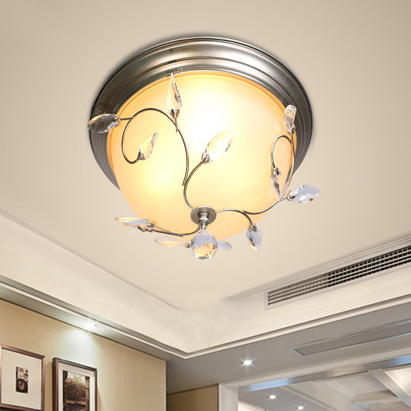 Modern 1 Light Ceiling Lamp with Frosted Glass Shade and Crystal Accent Nickel Dome Flush Light Clearhalo 'Ceiling Lights' 'Close To Ceiling Lights' 'Close to ceiling' 'Flush mount' Lighting' 221886