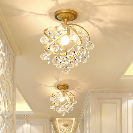 Faceted Crystal Ball Spiral Semi Flush Light Postmodern 1 Light Brass Ceiling Light Fixture Brass Clearhalo 'Ceiling Lights' 'Close To Ceiling Lights' 'Close to ceiling' 'Semi-flushmount' Lighting' 221919