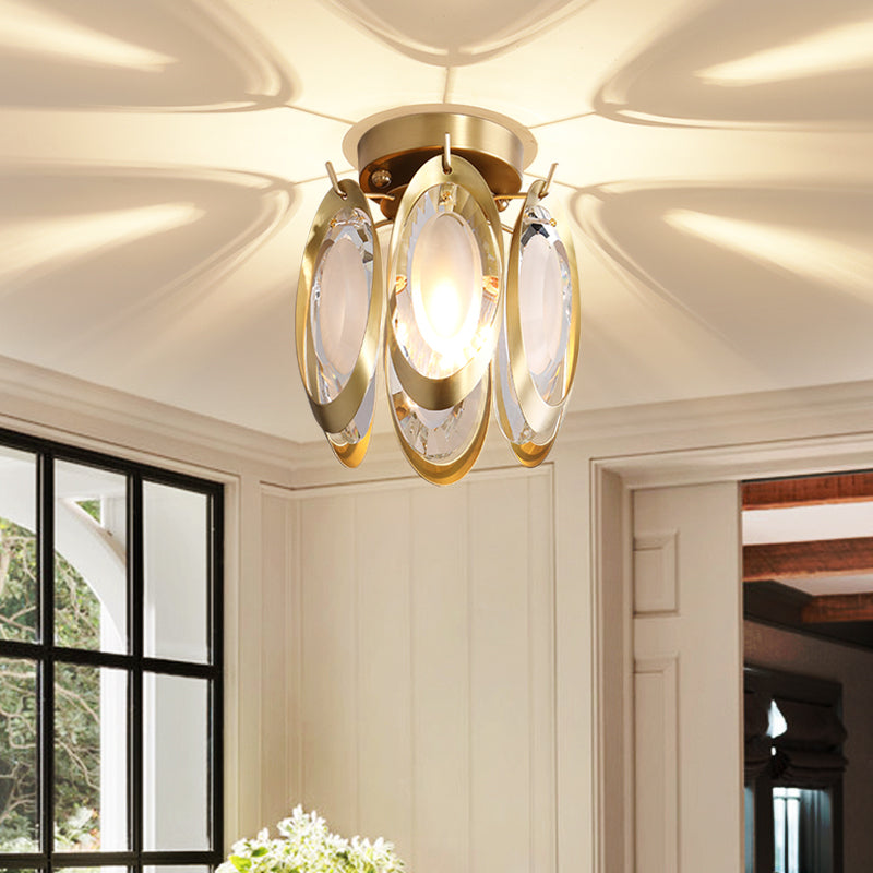 Oval Metal and Crystal Ceiling Light Fixture Modern 1 Light Brass Semi Flush Mount Light Clearhalo 'Ceiling Lights' 'Close To Ceiling Lights' 'Close to ceiling' 'Semi-flushmount' Lighting' 221920